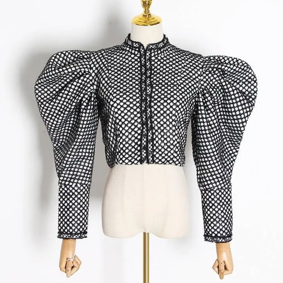 Black and White Puff Sleeve bomberJacket - Boutique